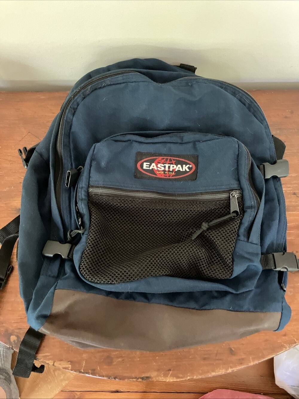 Vintage 90s Eastpak Made in USA Leather Bottom Navy Blue Book Bag Backpack